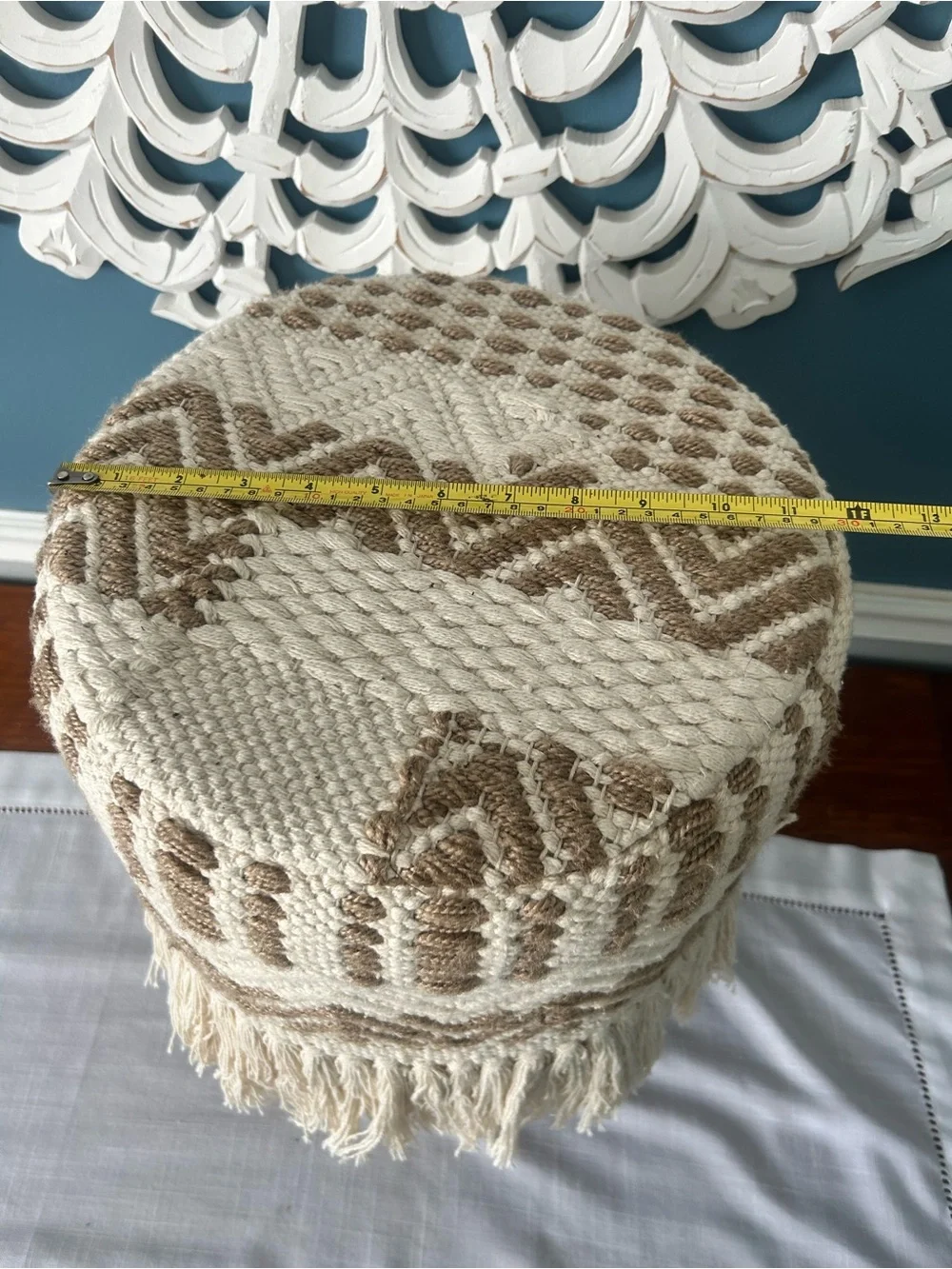 Like New Boho Woven Fringe Accent Stool Pouf in Cream and Brown